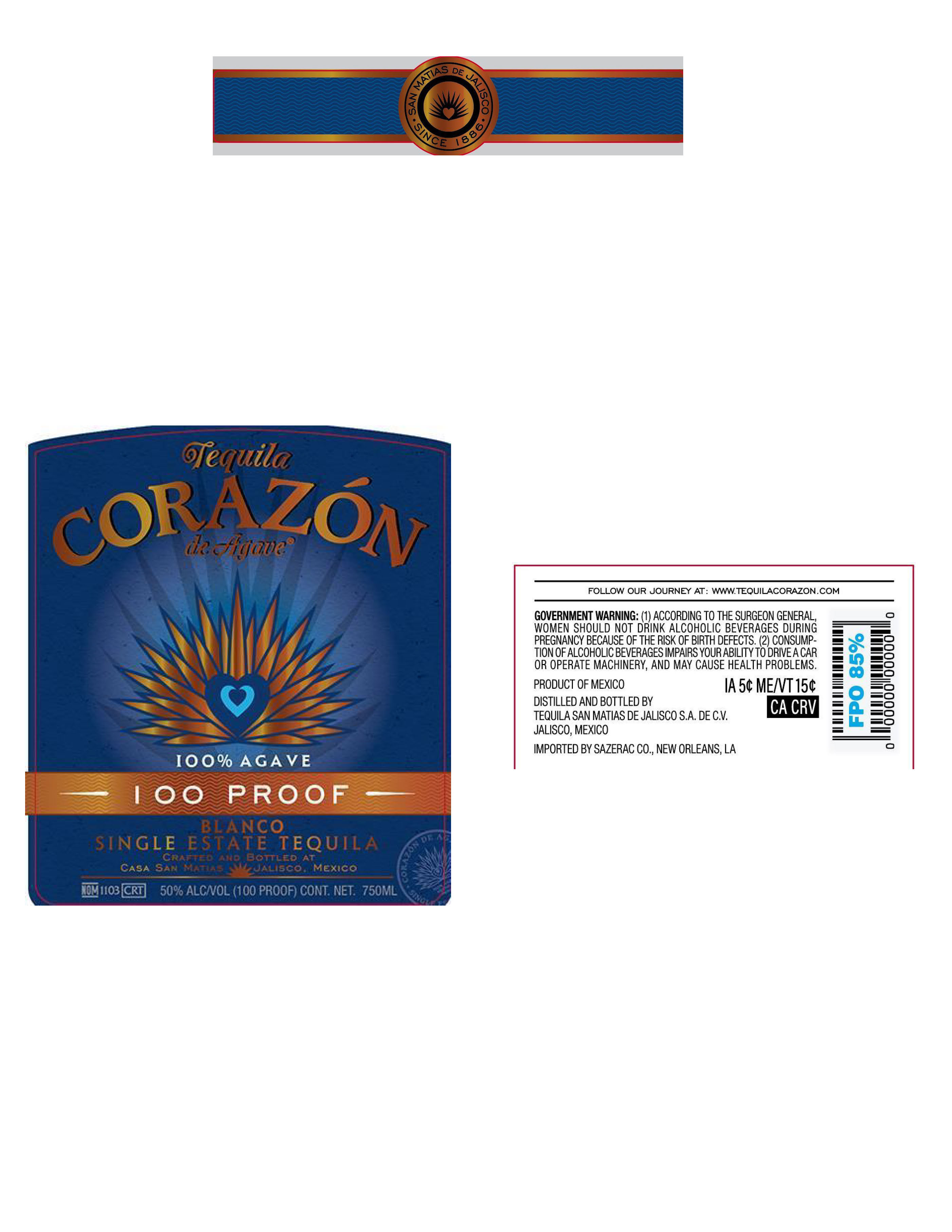 TABC label artwork for Corazon Blanco 100 Proof Single Estate Tequila