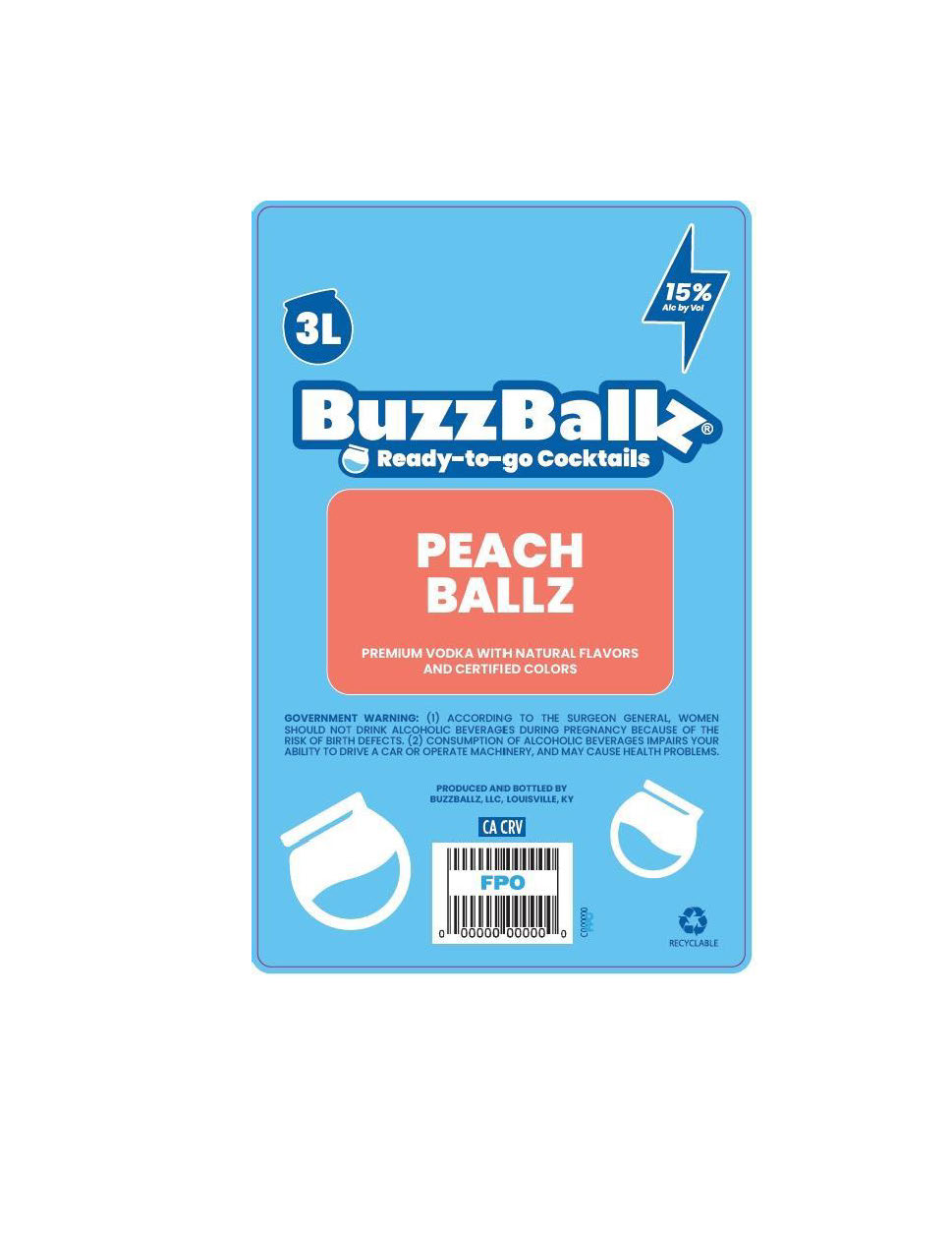 TABC label artwork for BuzzBallz Peach Ballz 3-3L