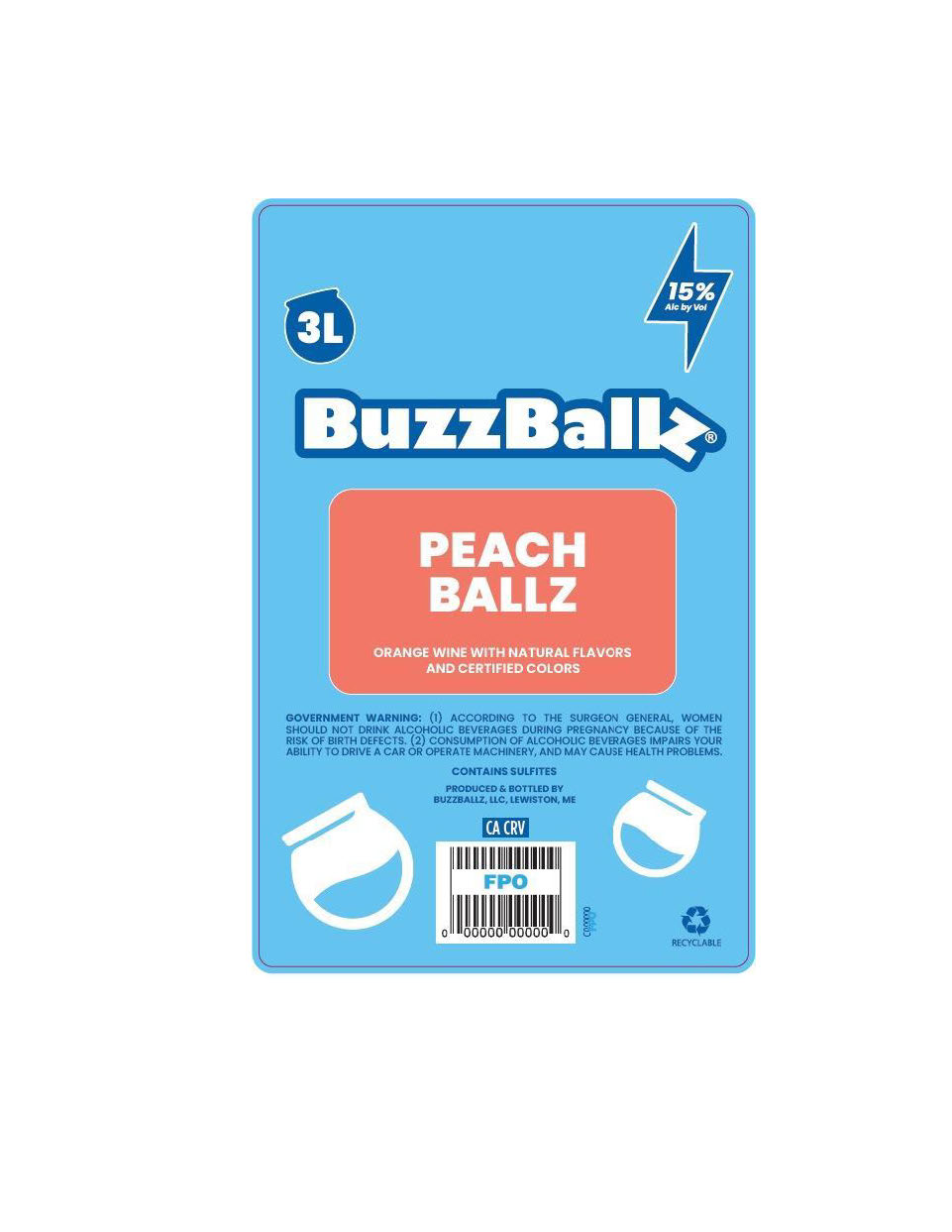 TABC label artwork for BuzzBallz Peach Ballz 3-3L