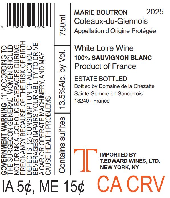 TABC label artwork for Marie Boutron Coteaux-du-Giennois