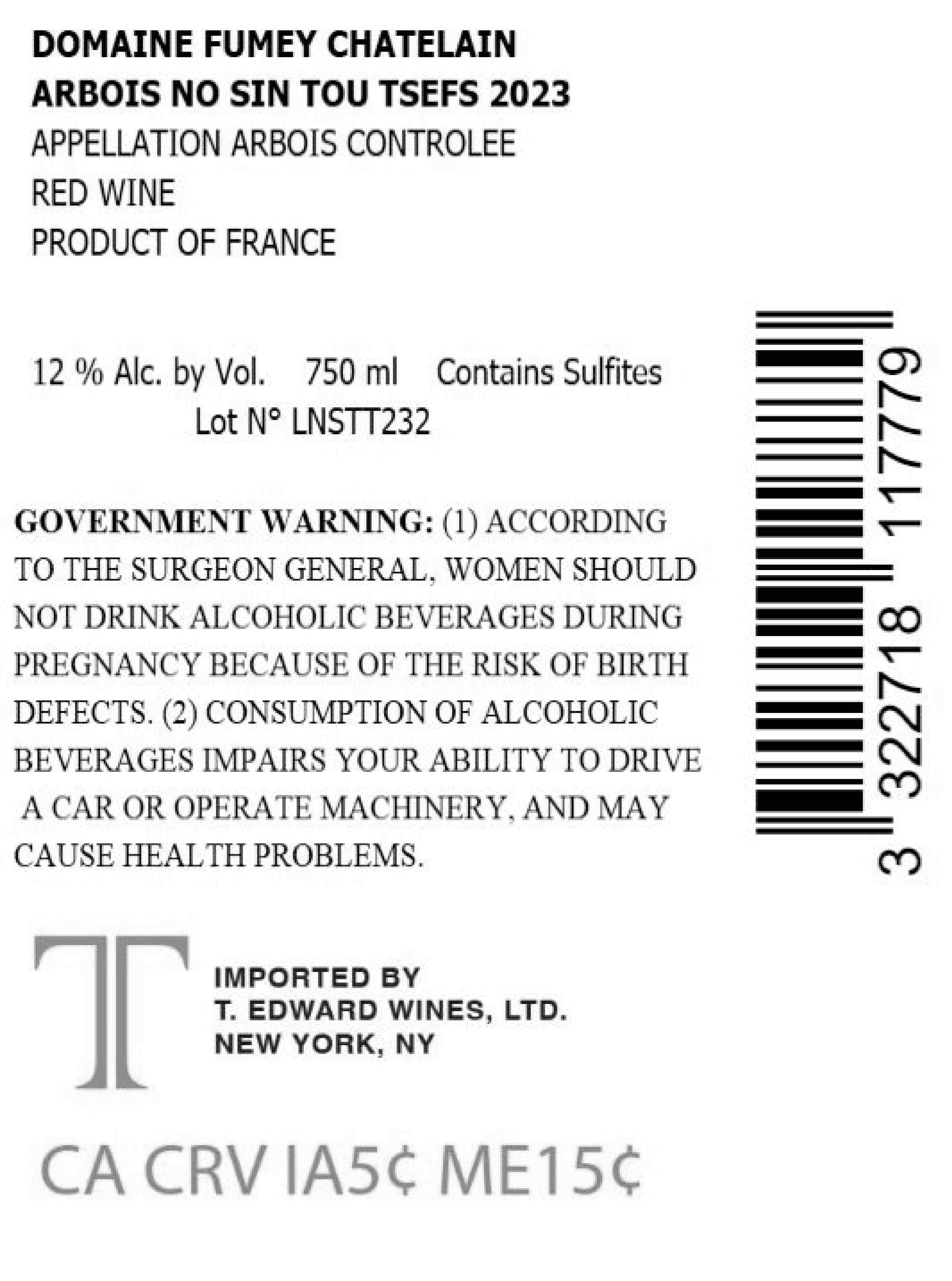 TABC label artwork for Fumey Chatelain No Sin Tou Tsef Arbois