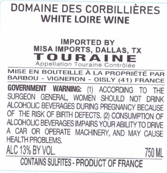 TABC label artwork for DOMAINES DES CORBILLIERES SAUVIGNON BLANC TOURAINE