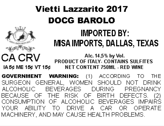 TABC label artwork for VIETTI LAZZARITO BAROLO