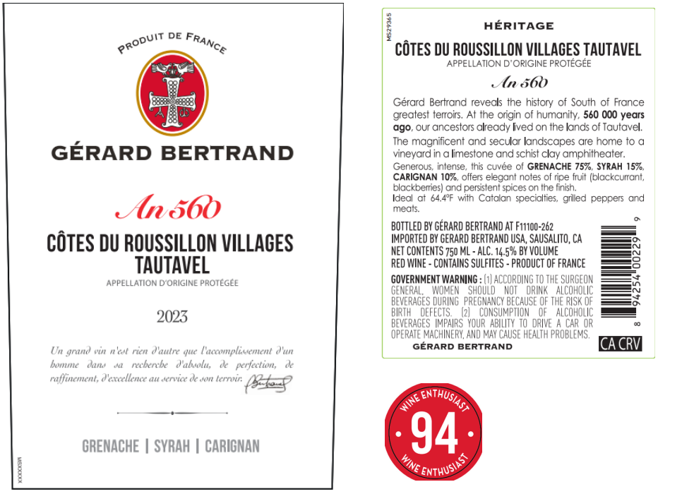 TABC label artwork for Gerard Bertrand Heritage Cotes du Roussillon Villages Tautavel Red Blend
