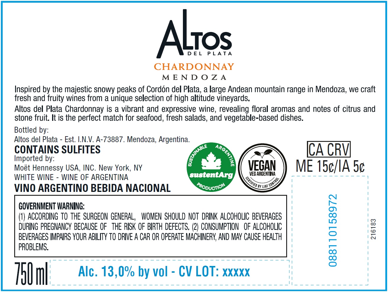 TABC label artwork for ALTOS DEL PLATA CHARDONNAY