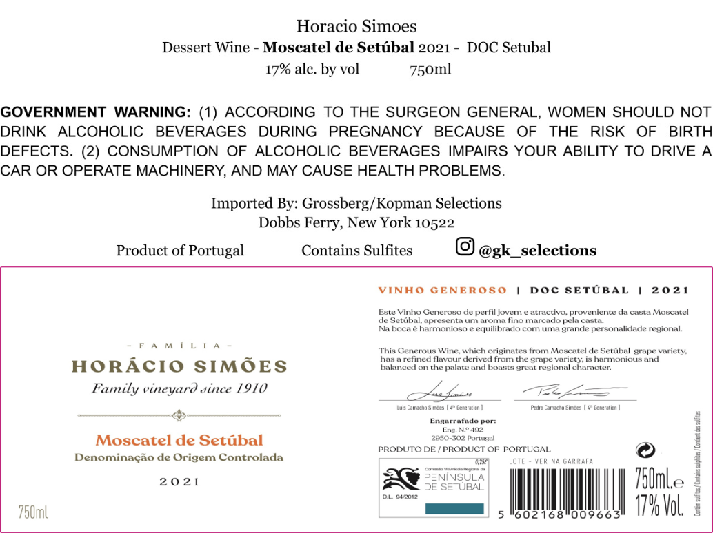 TABC label artwork for Horacio Simoes Moscatel De Setubal