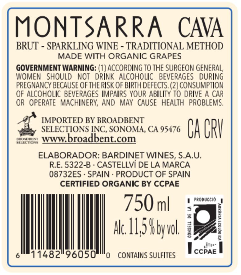 TABC label artwork for Montsarra Organic Sparkling Wine Cava